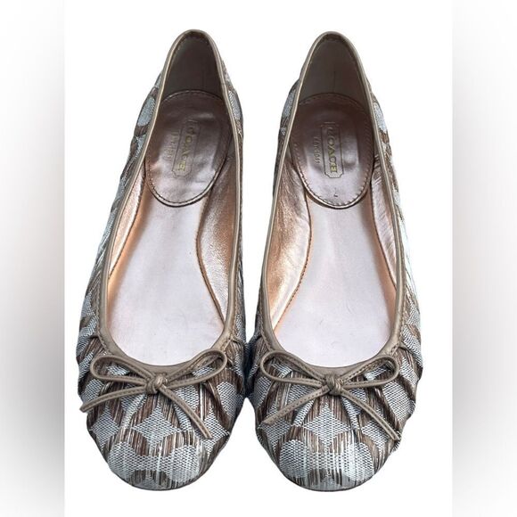 Coach Landon Round Toe Ballet Flat Cream/Gold Fabric Trimmed in Gold Leather 6B - Picture 2 of 6